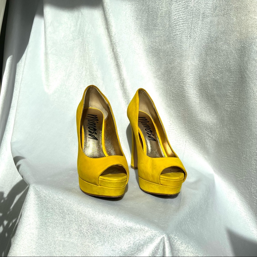 Mimosa Yellow Suede Peep Toe Heels - Picture 5 of 8